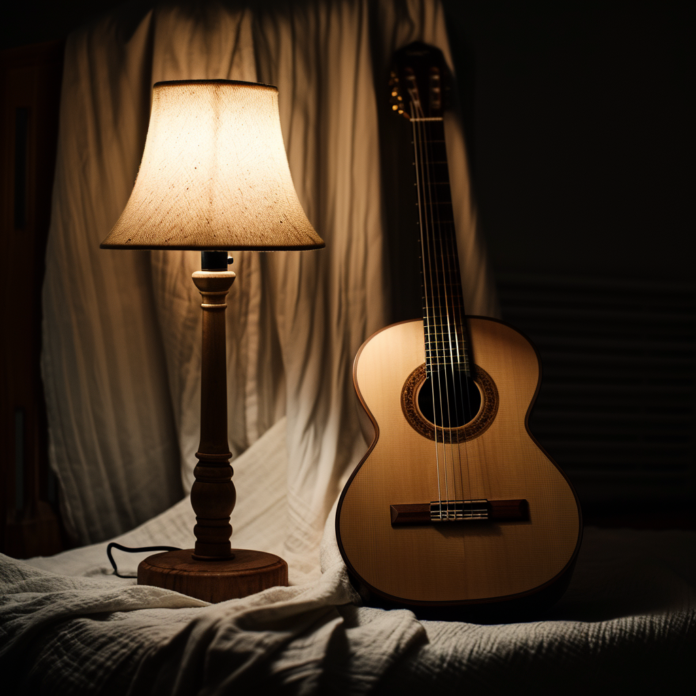Guitare à côté d'une lampe