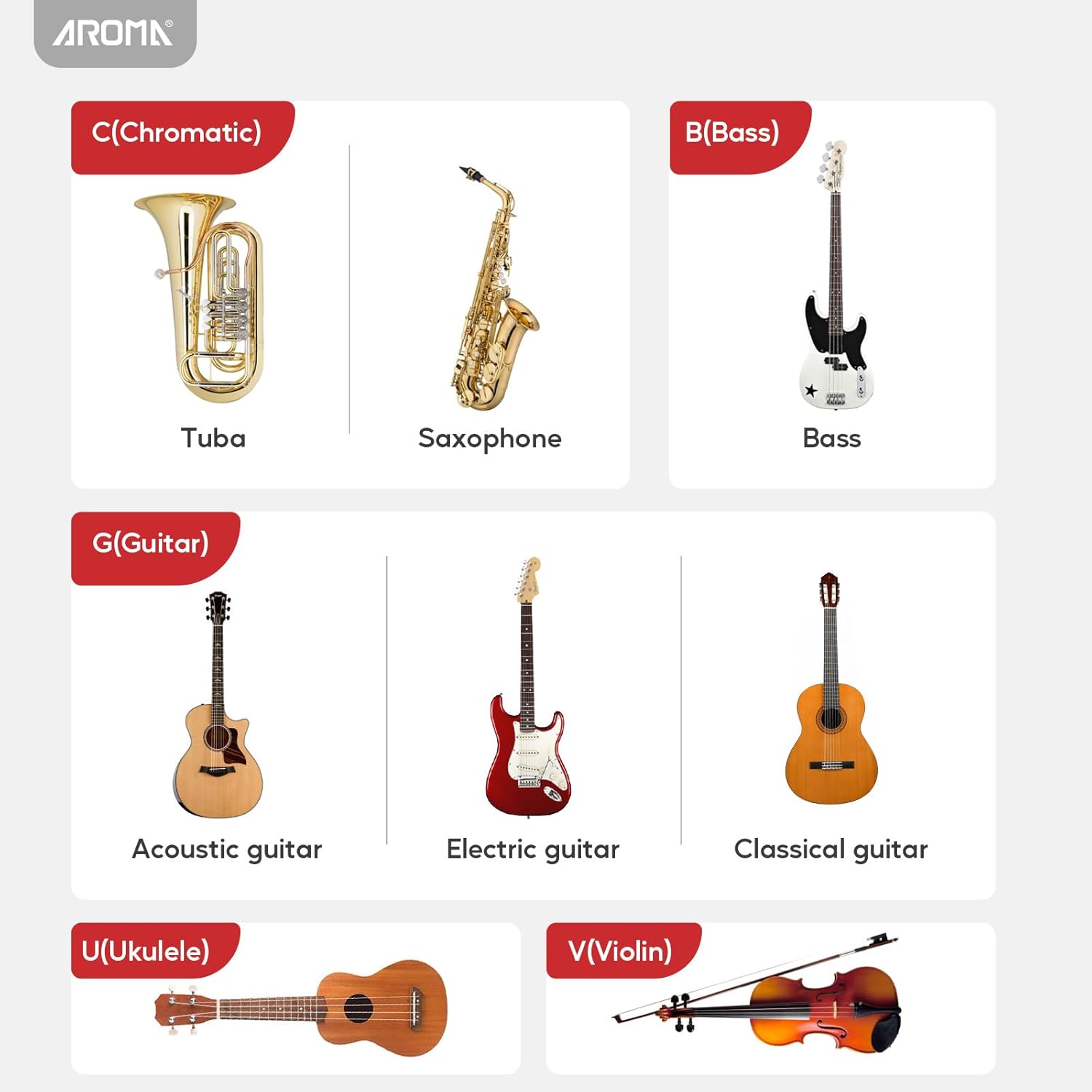 Accordeur de guitare rechargeable AROMA : Tuner clip-on chromatique pour guitare, basse, ukulélé, violon et mandoline – Image 4