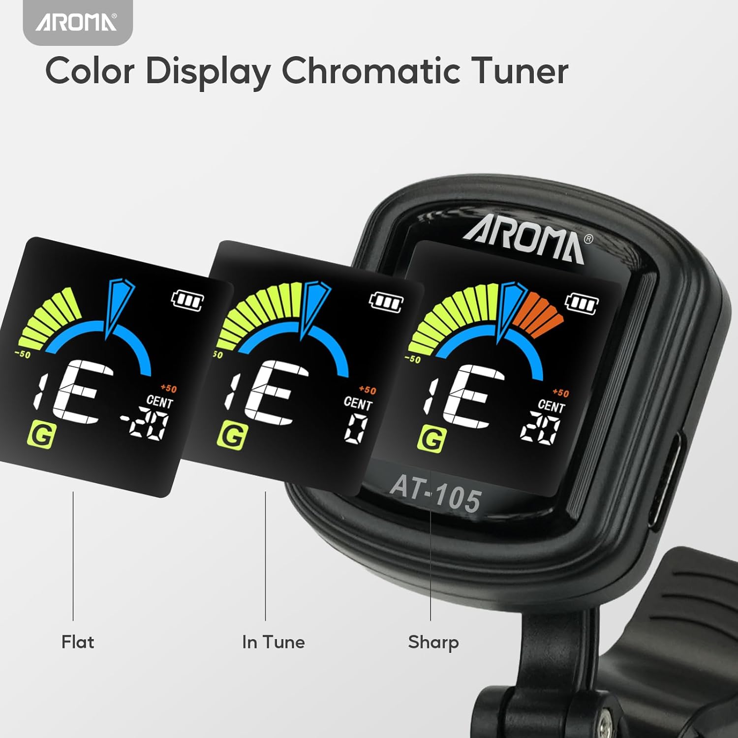 Accordeur de guitare rechargeable AROMA : Tuner clip-on chromatique pour guitare, basse, ukulélé, violon et mandoline – Image 2