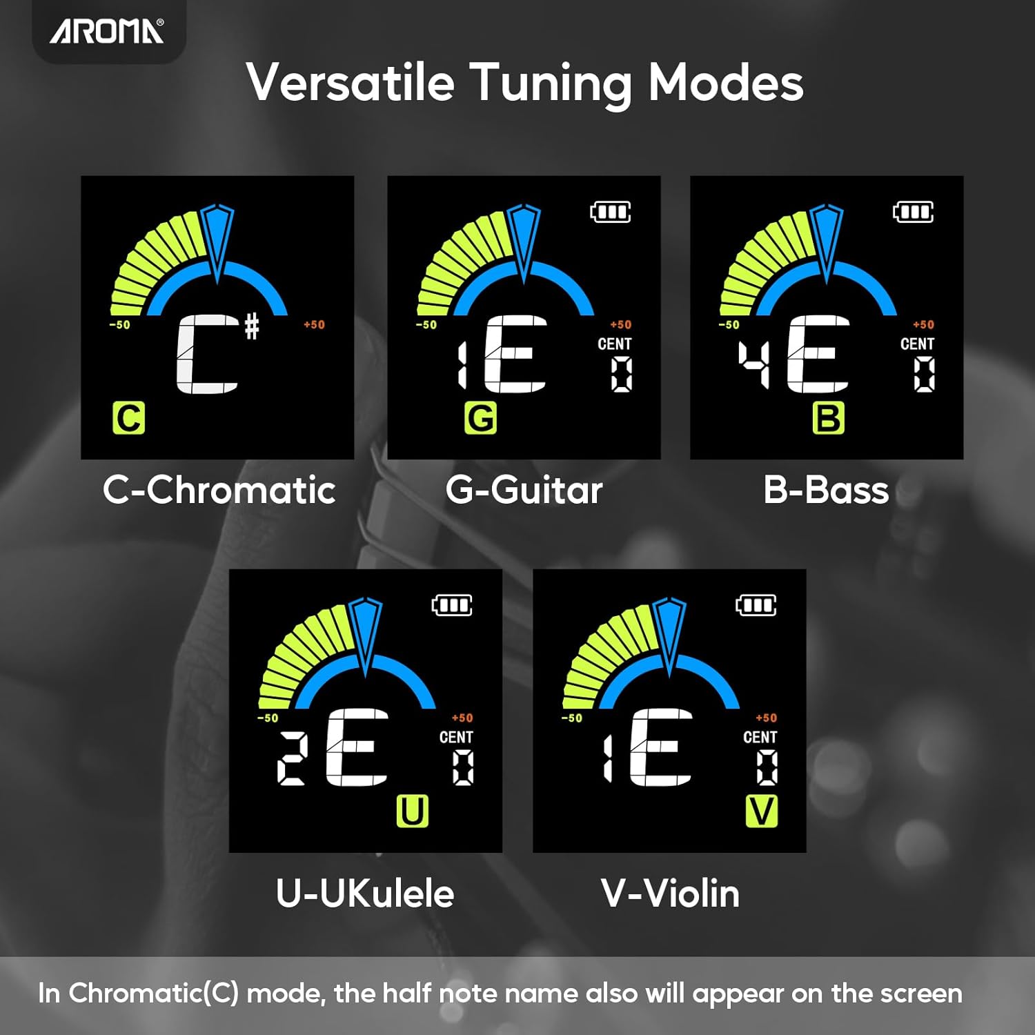 Accordeur de guitare rechargeable AROMA : Tuner clip-on chromatique pour guitare, basse, ukulélé, violon et mandoline – Image 3